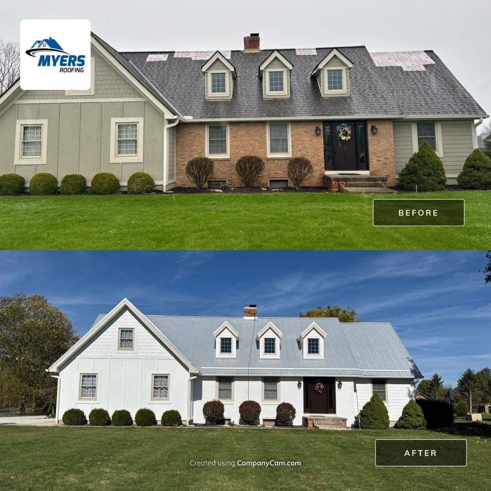 Before and after roof replacement by Myers Roofing showcasing new metal roofing.