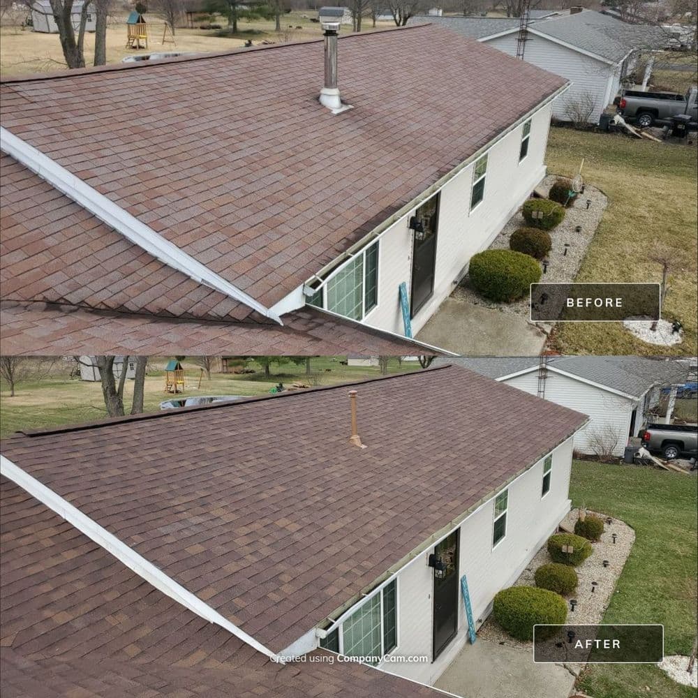 Before and after roof replacement showcasing improved shingles and chimney, enhancing curb appeal.