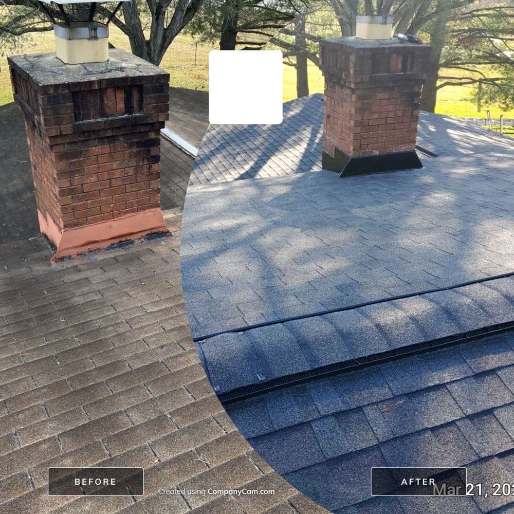 Before and after roof repair showcasing a newly installed asphalt shingle roof.