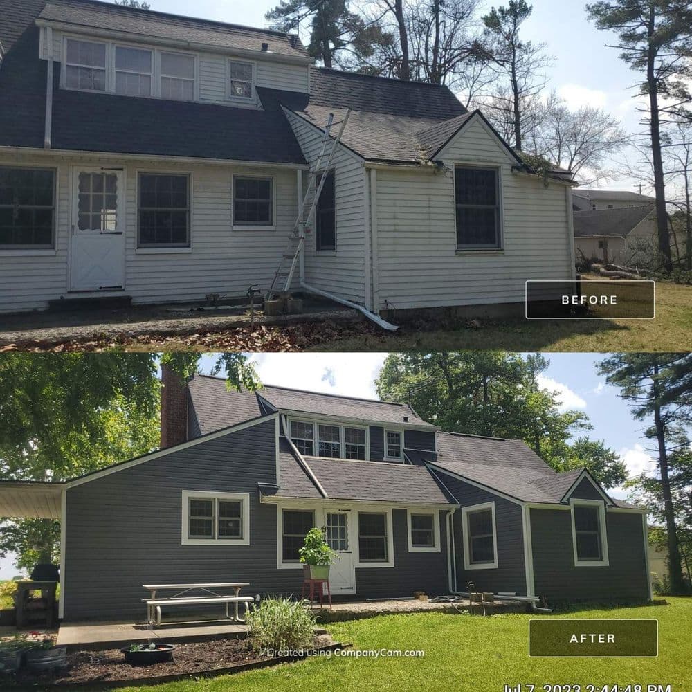 Before and after image of a house exterior renovation, showcasing updated siding and landscaping.