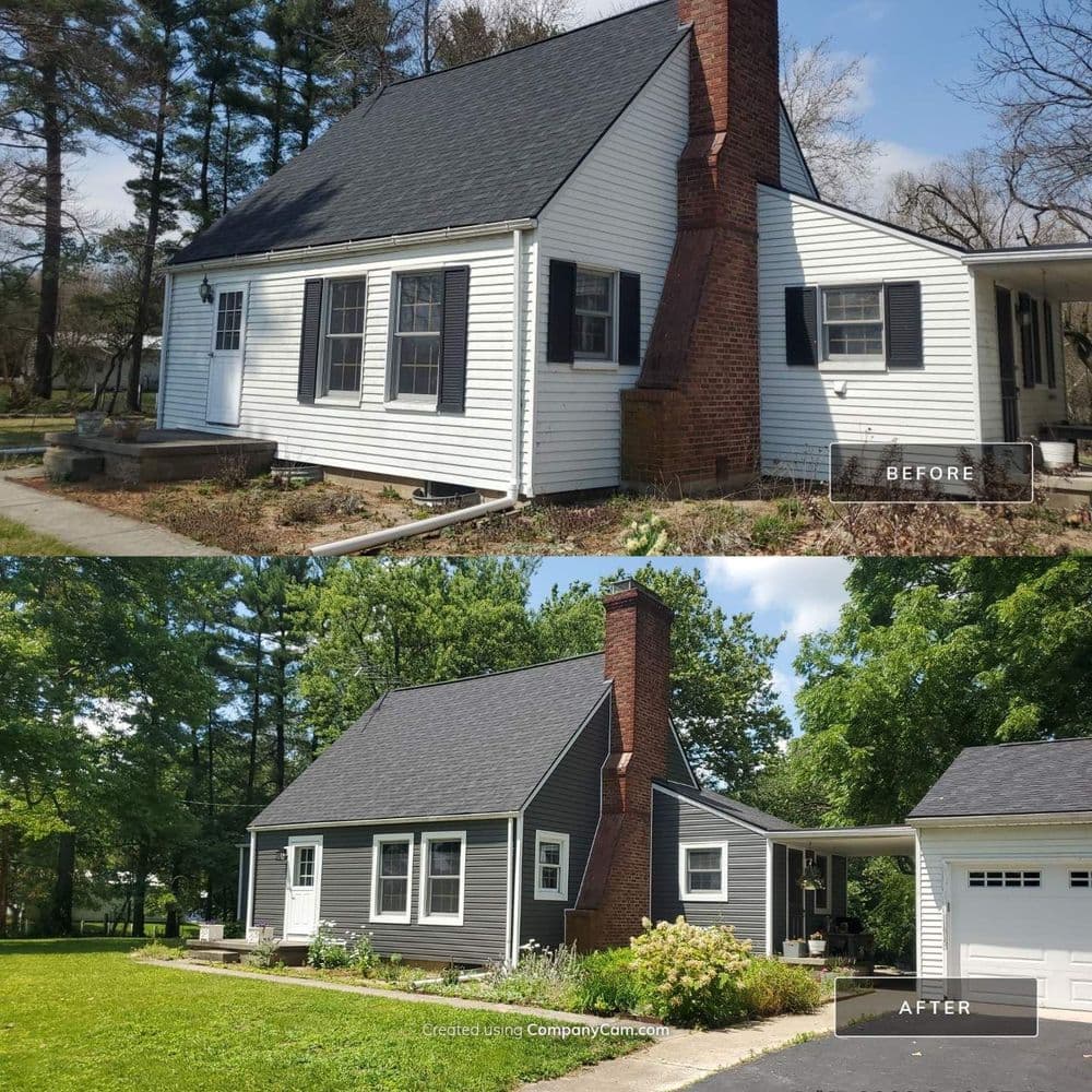 Before and after exterior home renovation showing transformed Gothic-style house.