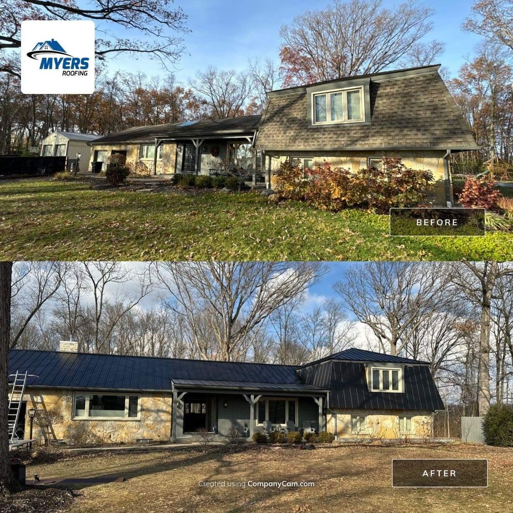 Before and after roofing transformation by Myers Roofing showcasing new black metal roof.