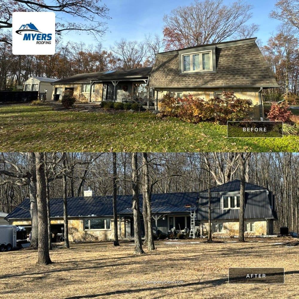 Before and after roof transformation by Myers Roofing, showcasing modern design and color changes.