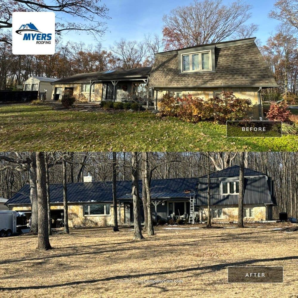 Before and after transformation of a home roof by Myers Roofing, showcasing upgraded design.