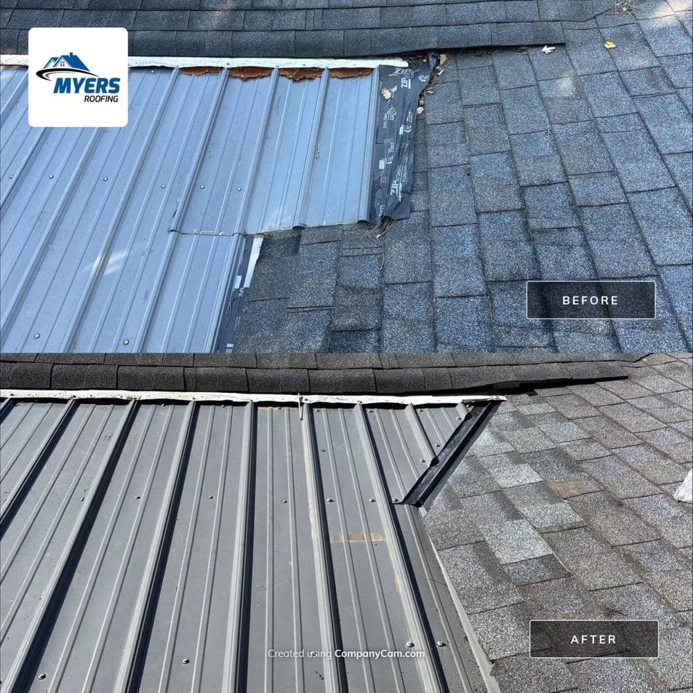 Roofing repair: before and after, showcasing improved shingles and metal roof installation.