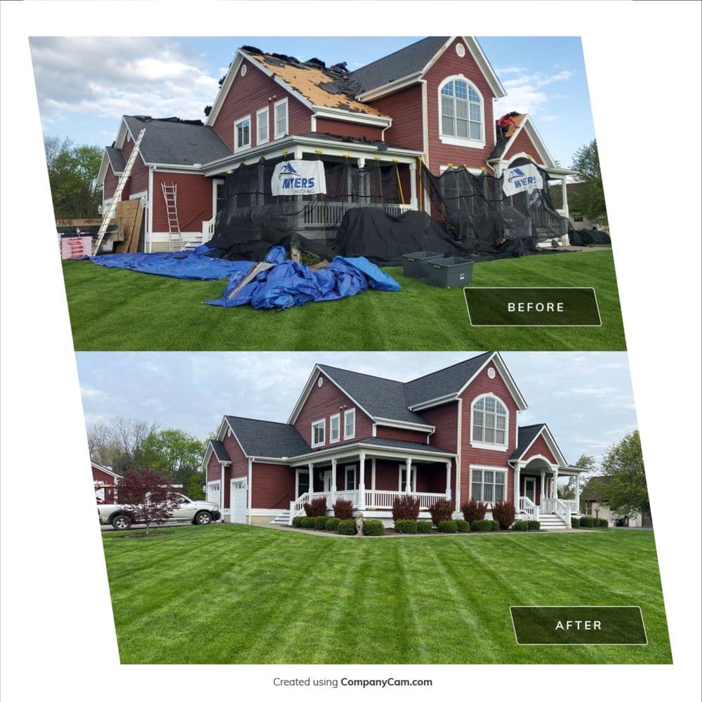 Before and after transformation of a red house with new roof and landscaped lawn.