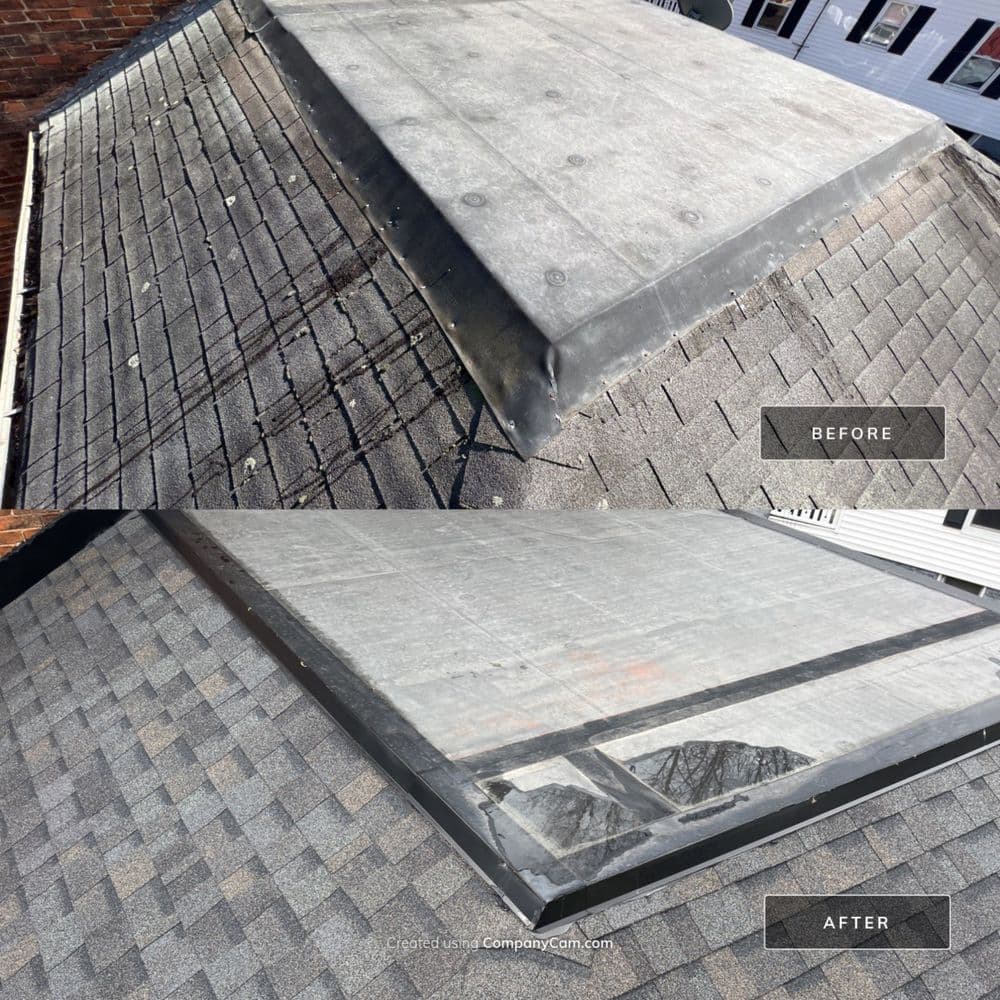 Before and after roof repair showcasing a flat roof transition to a sleek, finished look.